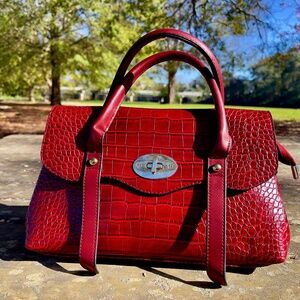 Power Curve  Croc-Embossed Satchel- Deep Red Elegance